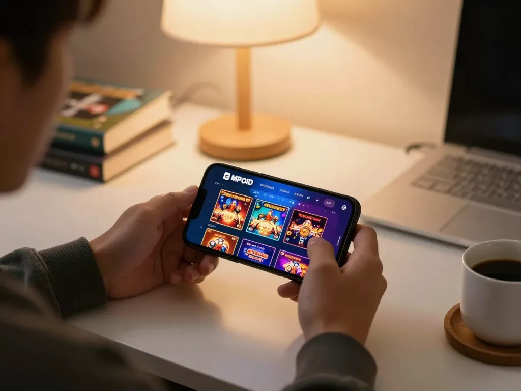 MPOID user engaging with an online casino app on a smartphone, emphasizing mobile gaming accessibility.