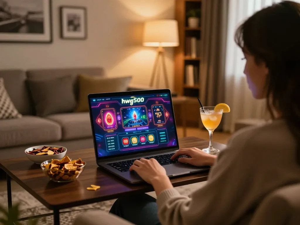 Player enjoying online gaming on hwg500 in a cozy home setting with vibrant casino graphics
