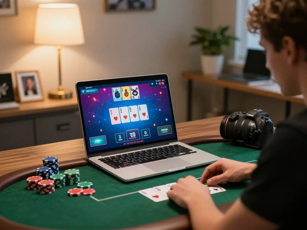 Player enjoying online poker gameplay at home with NoHu details displayed on screen