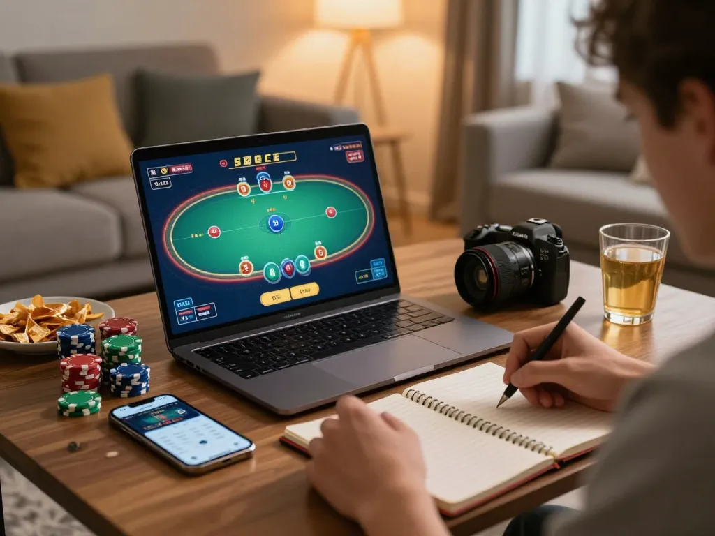 Player engaged in strategic online poker gameplay with mpoid, showcasing laptop and betting notes in a cozy setting
