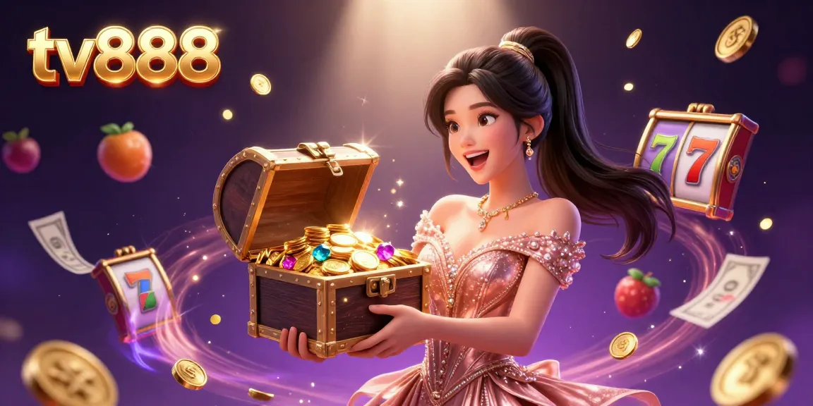 Experience winning at tv888 with a stunning treasure chest overflowing with gems and coins amidst dynamic slot game excitement.