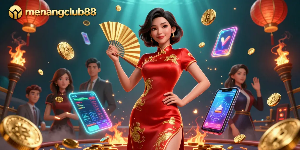 Experience the excitement at menangclub88 with a dazzling representation of casino elements in a vibrant scene.
