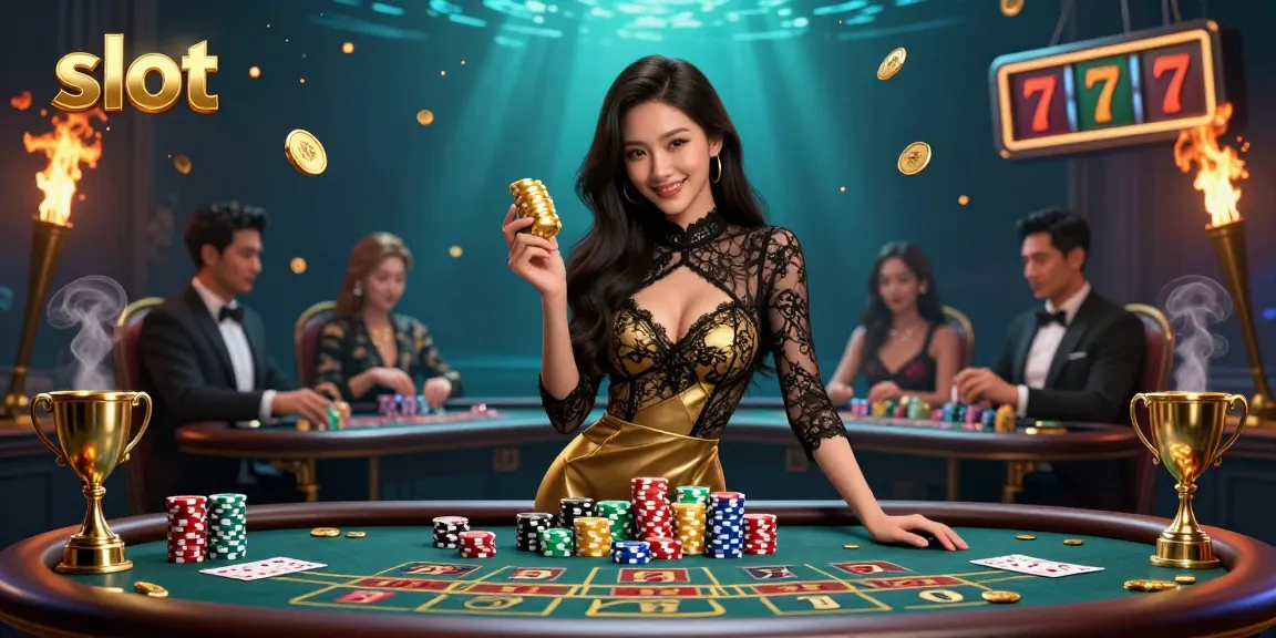 Experience thrilling slot action with a glamorous Asian woman at a VIP baccarat table adorned with casino elements.