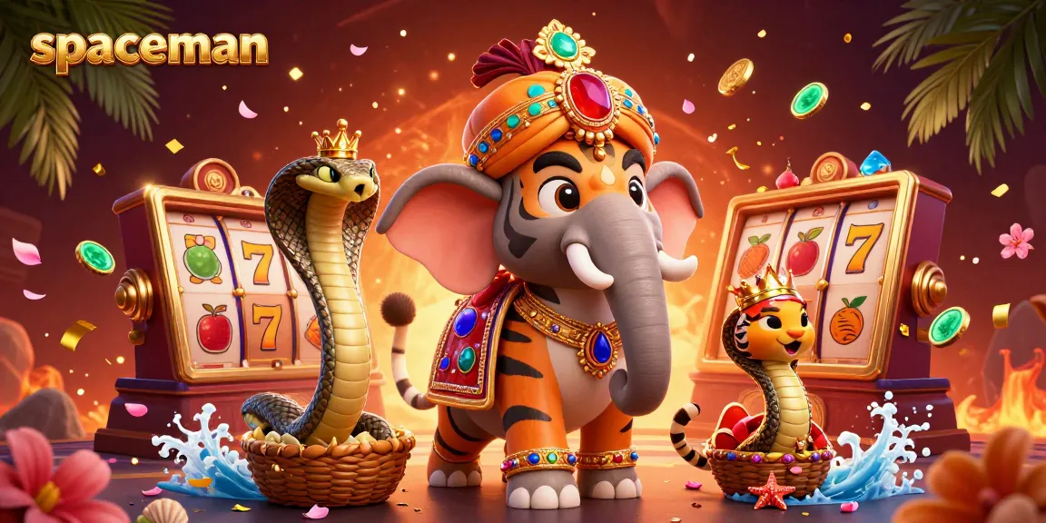 Spin the reels in Spaceman's vibrant casino world with a jewel-encrusted elephant and lively decorations.