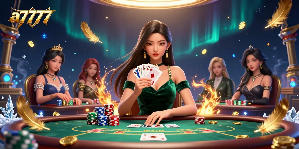 A7777 exemplifies high-stakes poker with a skilled player at an intense game table surrounded by rich casino elements.