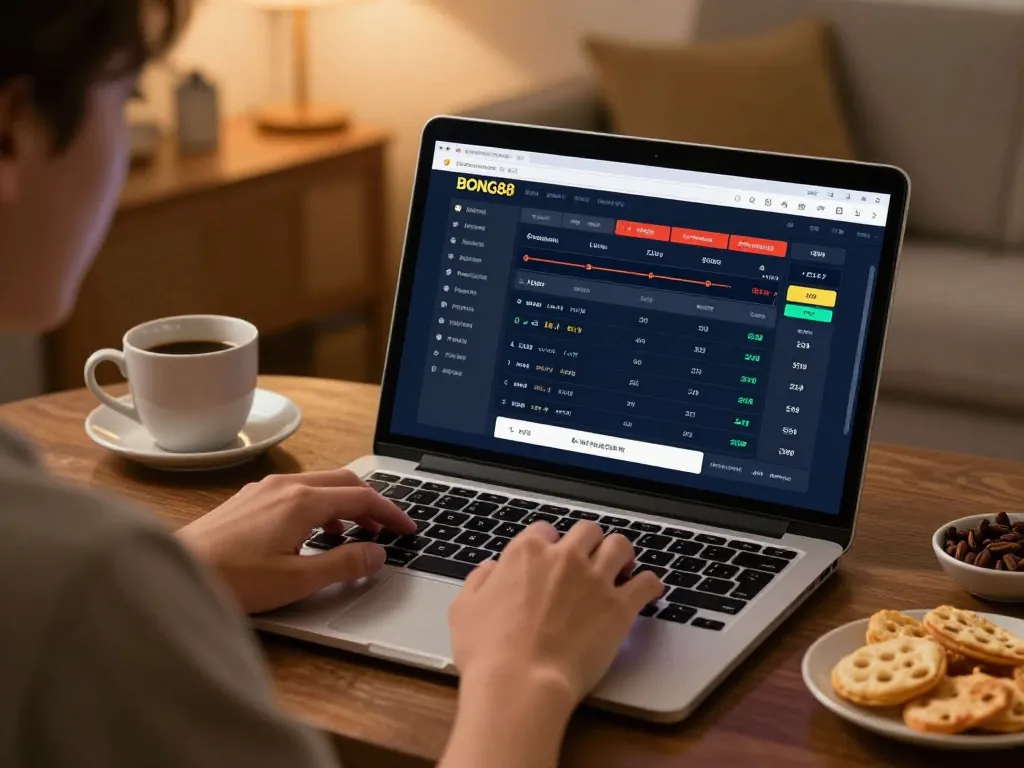 Person engaging in sports betting on BONG88, laptop displaying live betting odds in cozy home setting.