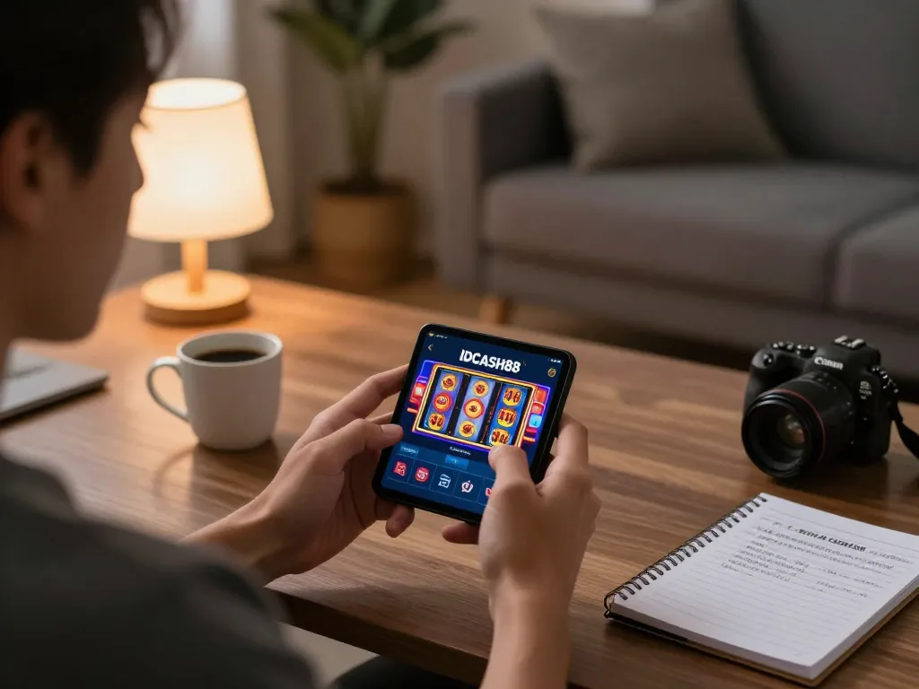 Engaging with IDCASH88 app for online slots in a cozy home setting, showcasing strategic gameplay.