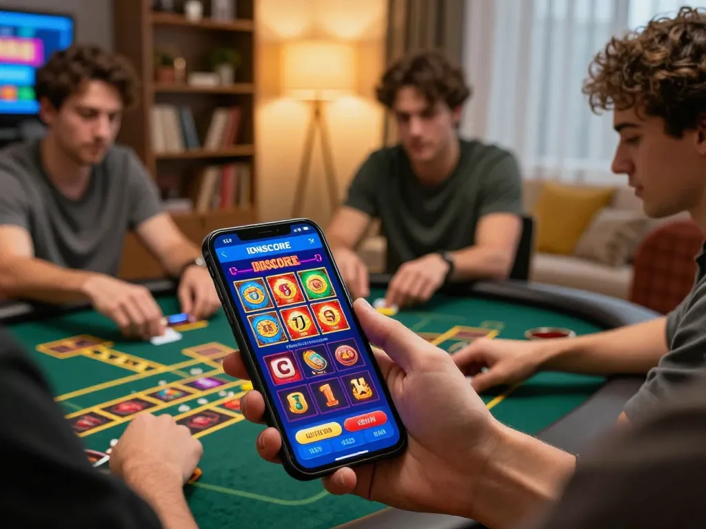 IDNSCORE app on smartphone displaying online slots features, showcasing engaging gameplay.