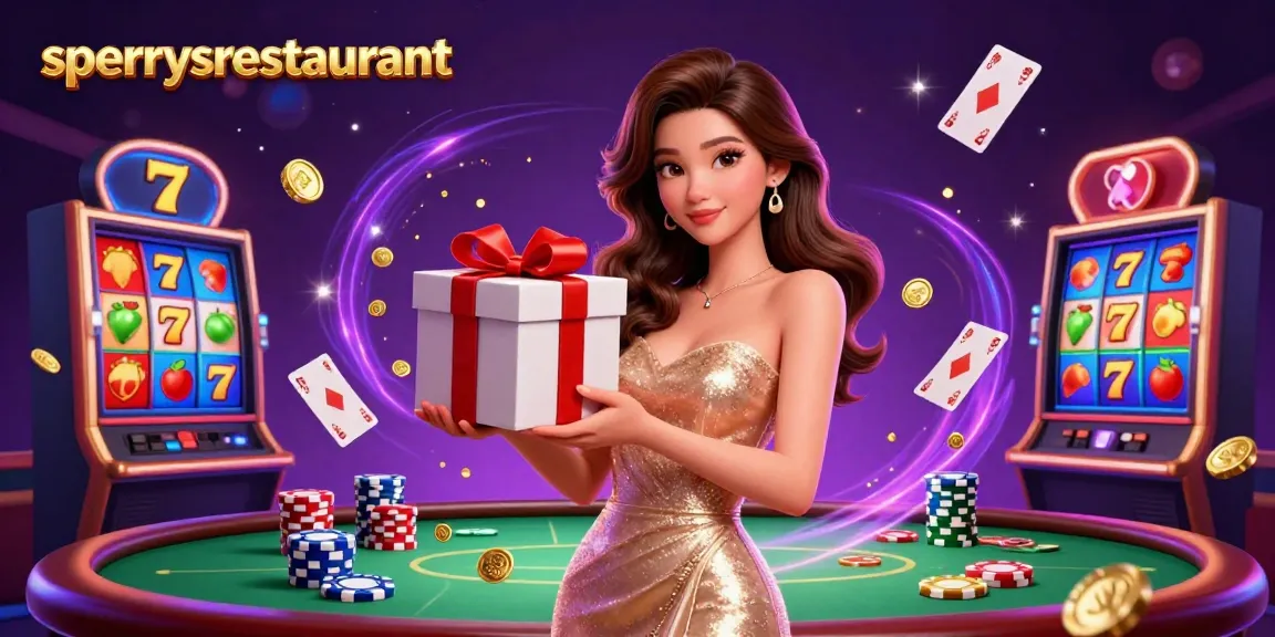 sperrysrestaurant showcases vibrant casino elements with a glittering Asian model amidst slot reels and poker chips.
