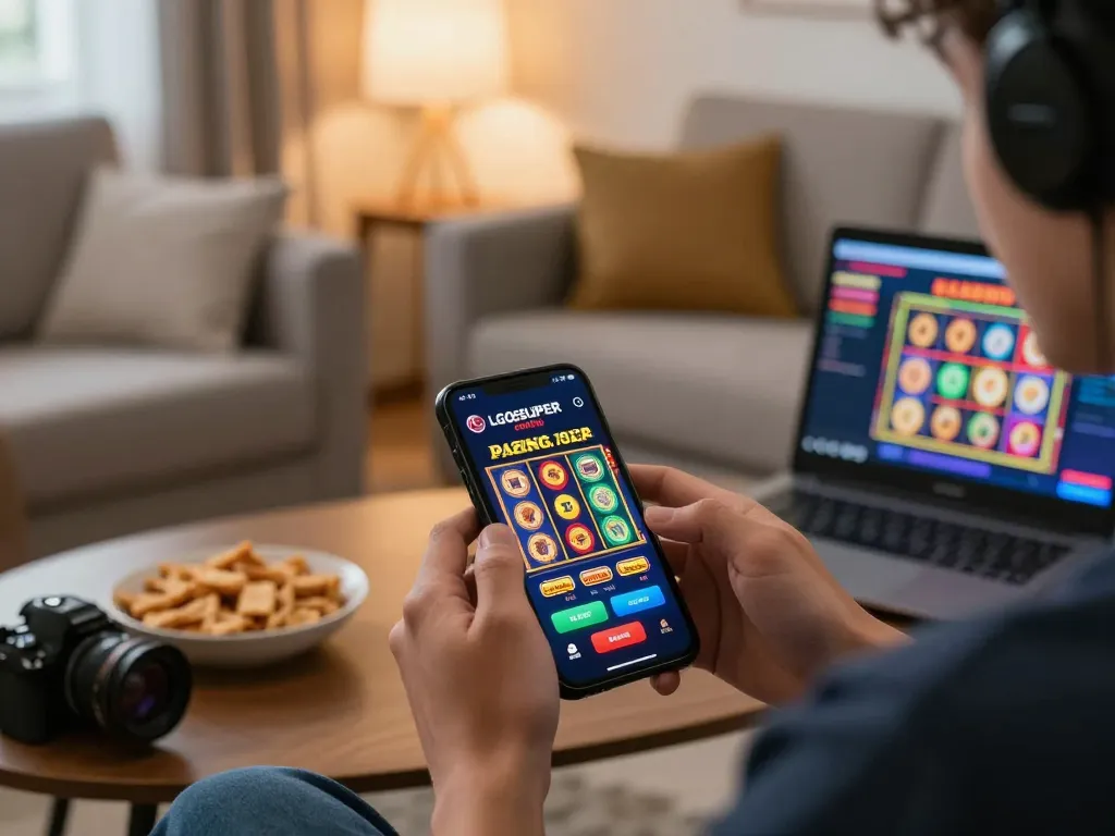 Player enjoying LGOSUPER casino app on smartphone, vibrant mobile gaming setup at home.