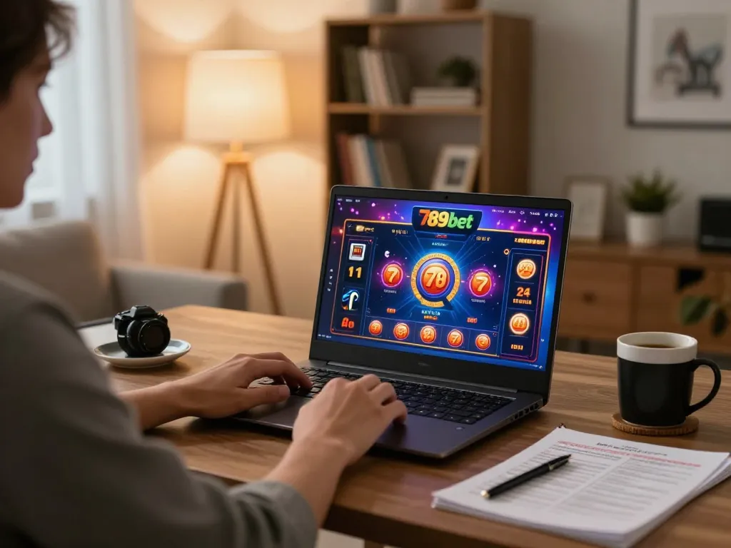 Engaging in online casino gaming with 789bet at home, showcasing a vibrant interface and responsible habits