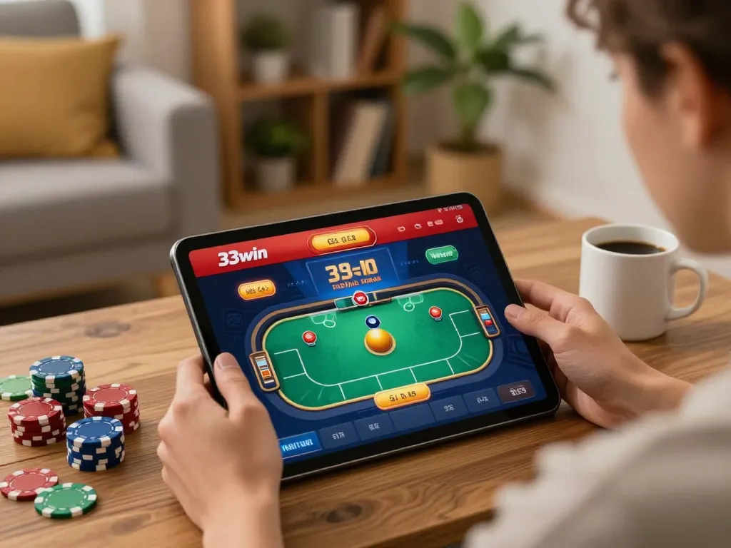 Engaging with the nhà cái 33win gaming app in a cozy home setting for online poker