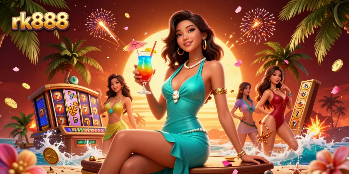 Experience the thrill of rk888 with vibrant slot reels, sparkling gold coins, and a glamorous setting.