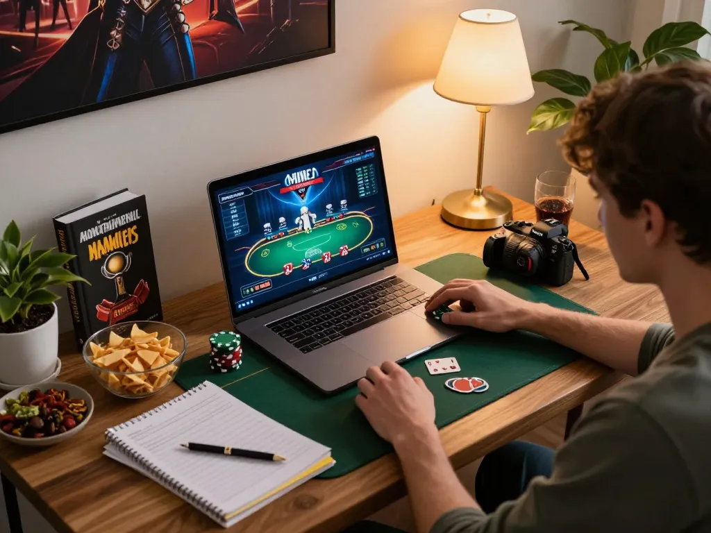 Engaging poker gameplay on trang chủ 23win with focused player in a cozy setup, illuminated by warm desk lamp.