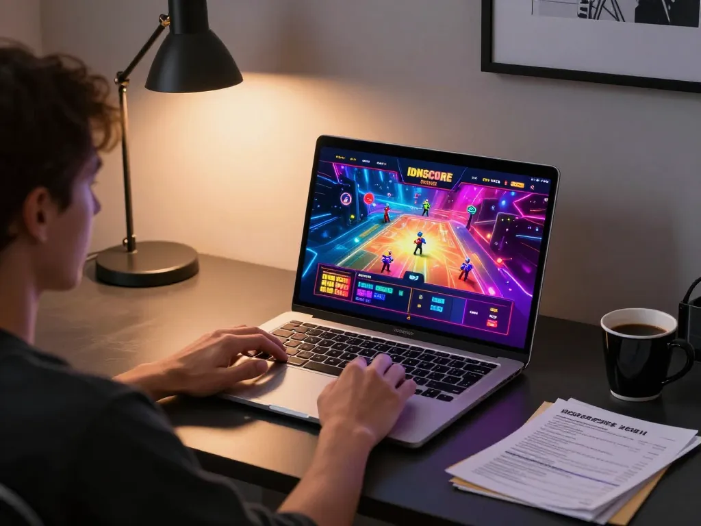 IDNSCORE user enjoying online gaming with vibrant casino interface and strategy notes.