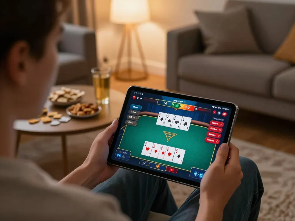 Engaging in strategic online poker gameplay with LGOGOAL in a cozy home setting.