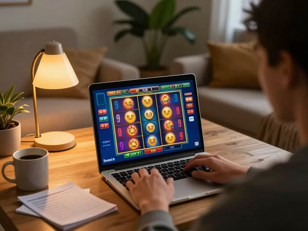 Hitclub player engaging with online slot game from home, showcasing an immersive gaming experience.