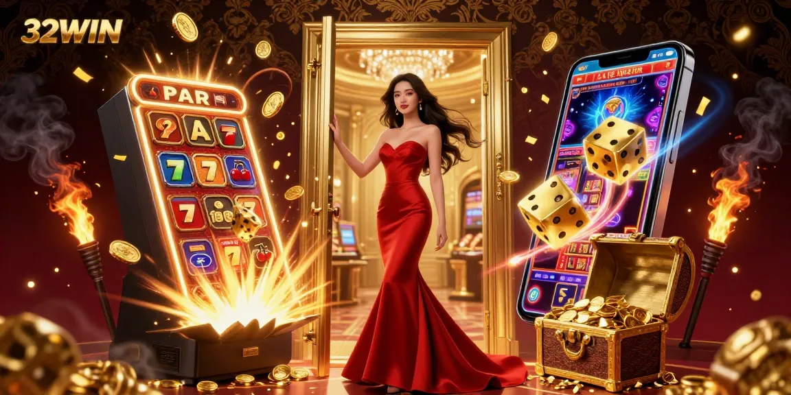 Experience the excitement of 32WIN with vibrant casino elements, including a stunning jackpot and a beautiful scene.