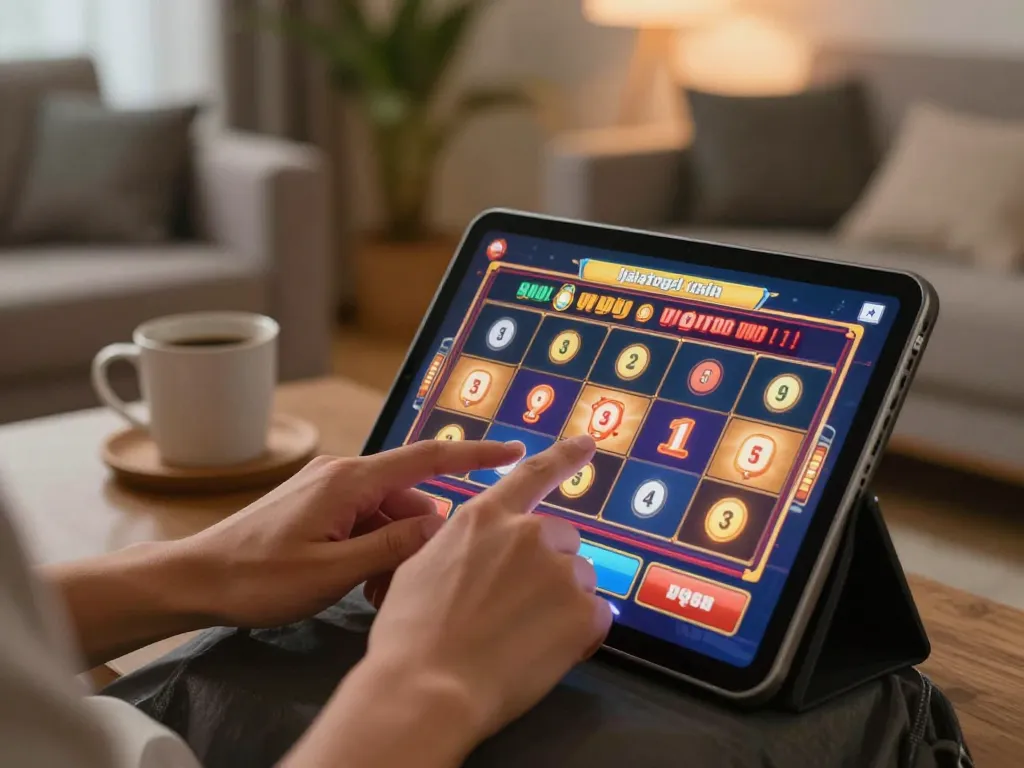 Pemain menikmati permainan slot online jalatogel di tablet, suasana rumah yang nyaman dengan kopi.