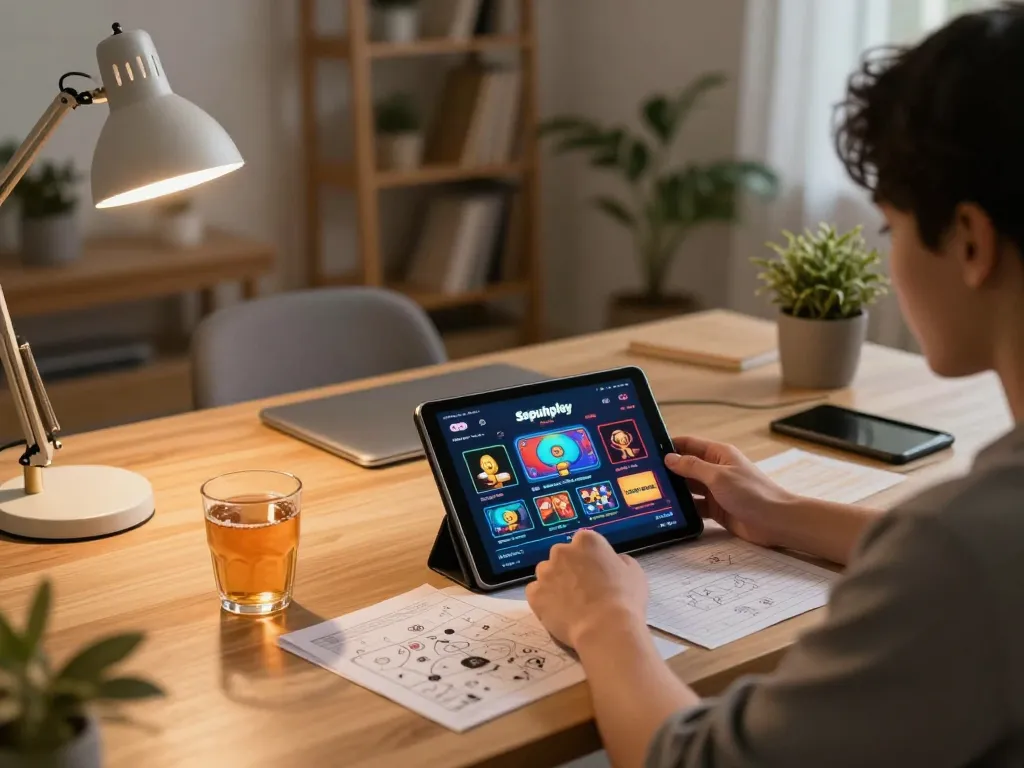 Pemain yang berinteraksi dengan aplikasi Sepuhplay di tablet, menunjukkan pengalaman permainan online di oracleappshub