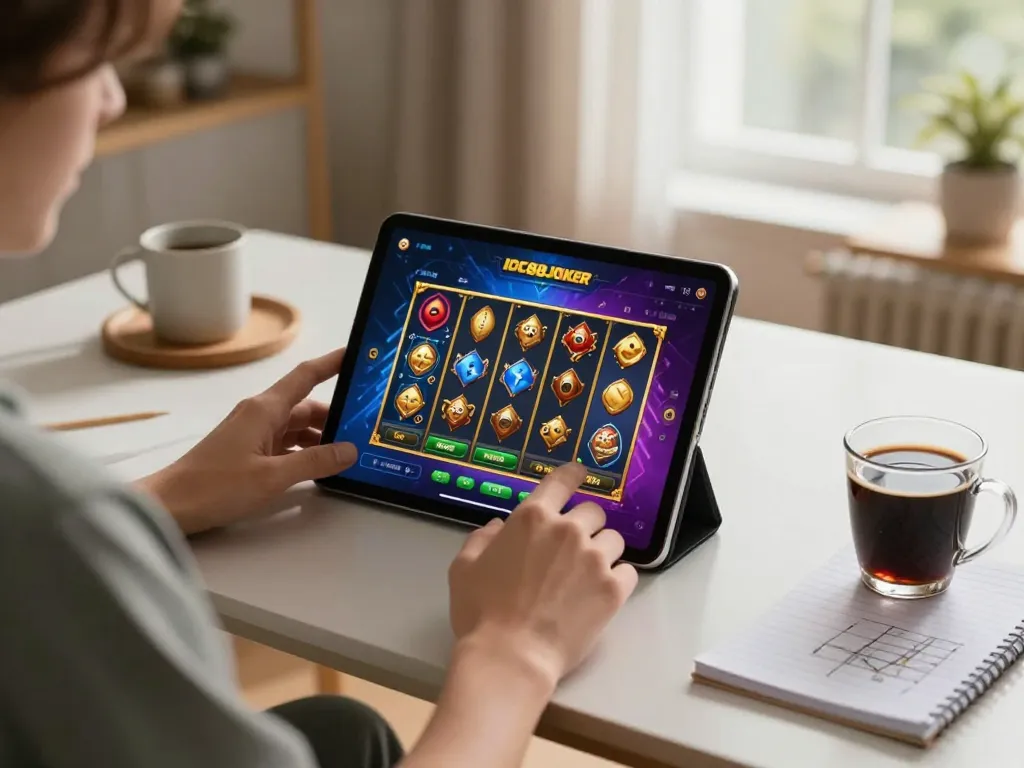 Engaging with IDC88JOKER's thrilling slot game on a tablet in a cozy home setting
