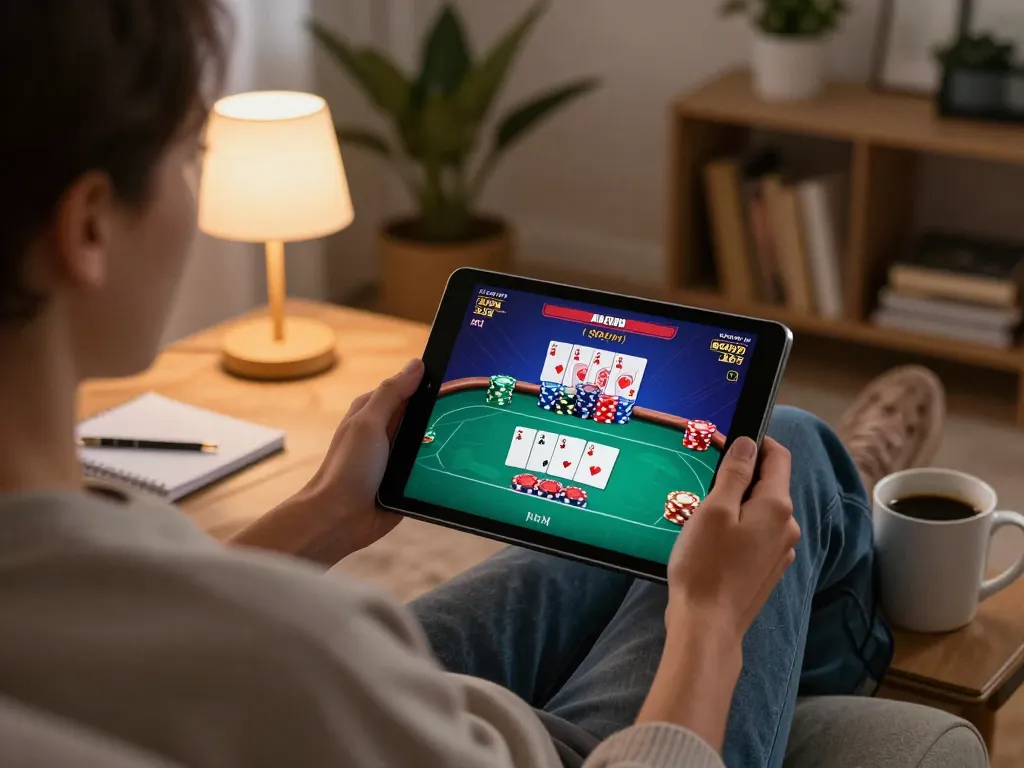 Pemain terlibat dengan permainan poker online paris888 di rumah, menampilkan gameplay dinamis dan interior yang nyaman.