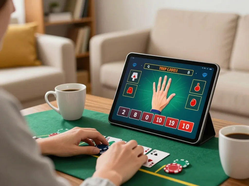 hubet player enjoying blackjack on tablet at home, showcasing responsible gaming atmosphere
