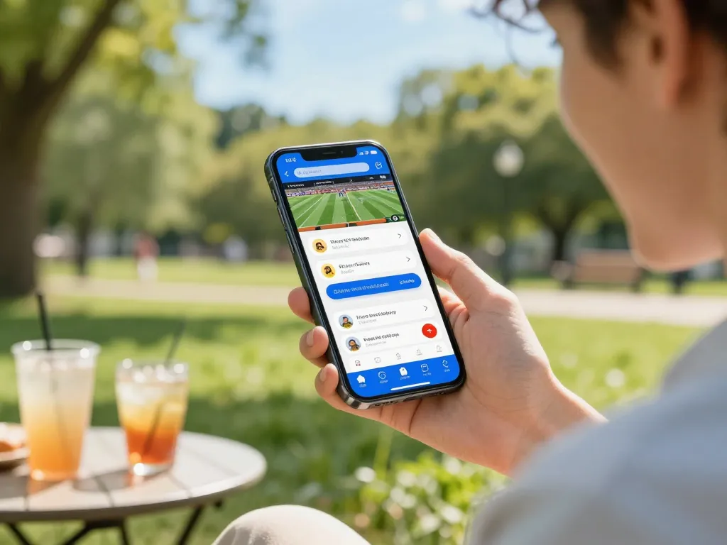 Engaging mobile sports betting with Net88 on a smartphone in sunny park
