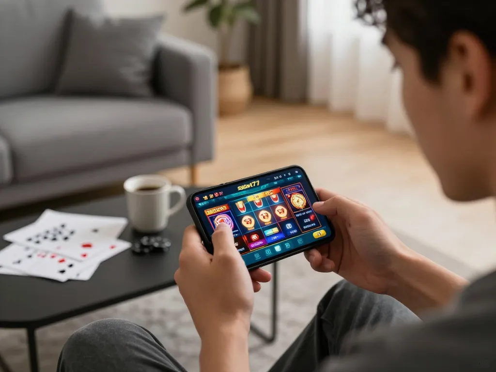 Engaging moment using the ssbet77 app for online gaming, showcasing smartphone interface and player focus.