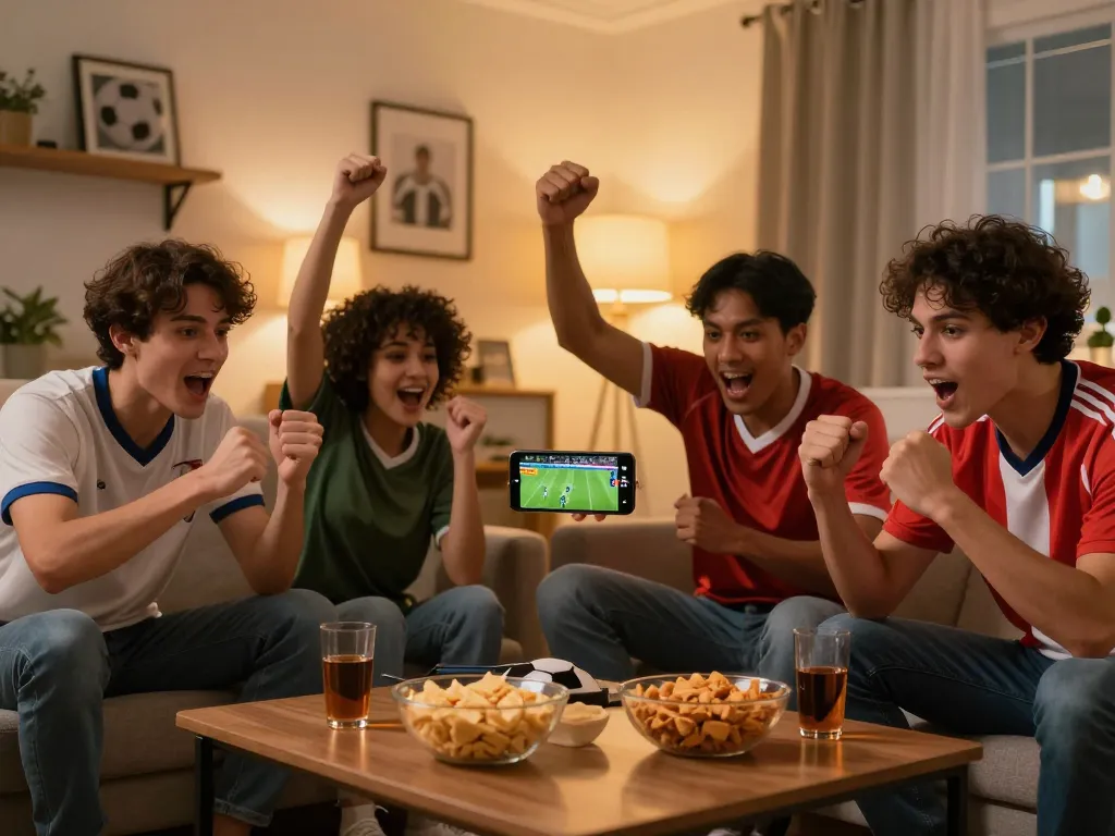 Cakhia tv enhances the sports viewing experience, showcasing fans enjoying a live match together in a cozy setting.