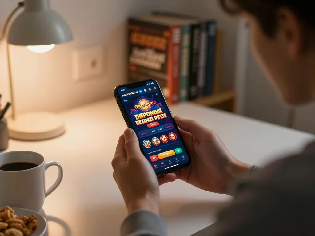 Main OKESlot Deposit Qris Tanpa Potongan ditampilkan di smartphone saat bermain slot di rumah, menunjukkan suasana permainan yang nyaman.