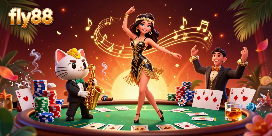 Experience the thrill of poker action with fly88, featuring a glamorous flapper and vibrant casino elements.