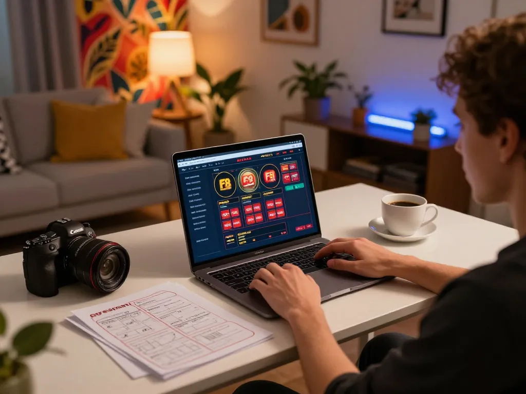 Engage with F8 bet gambling strategy at home setup using laptop and notes.