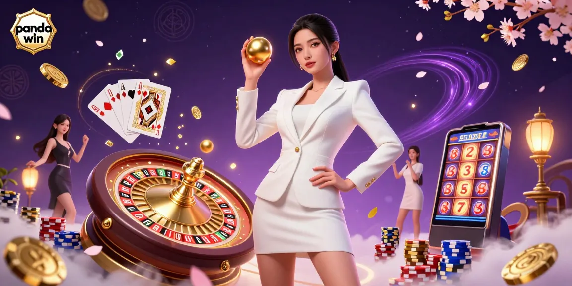 Panda win menampilkan seorang wanita Asia yang glamor memegang bola roulette emas di suasana kasino yang elegan.
