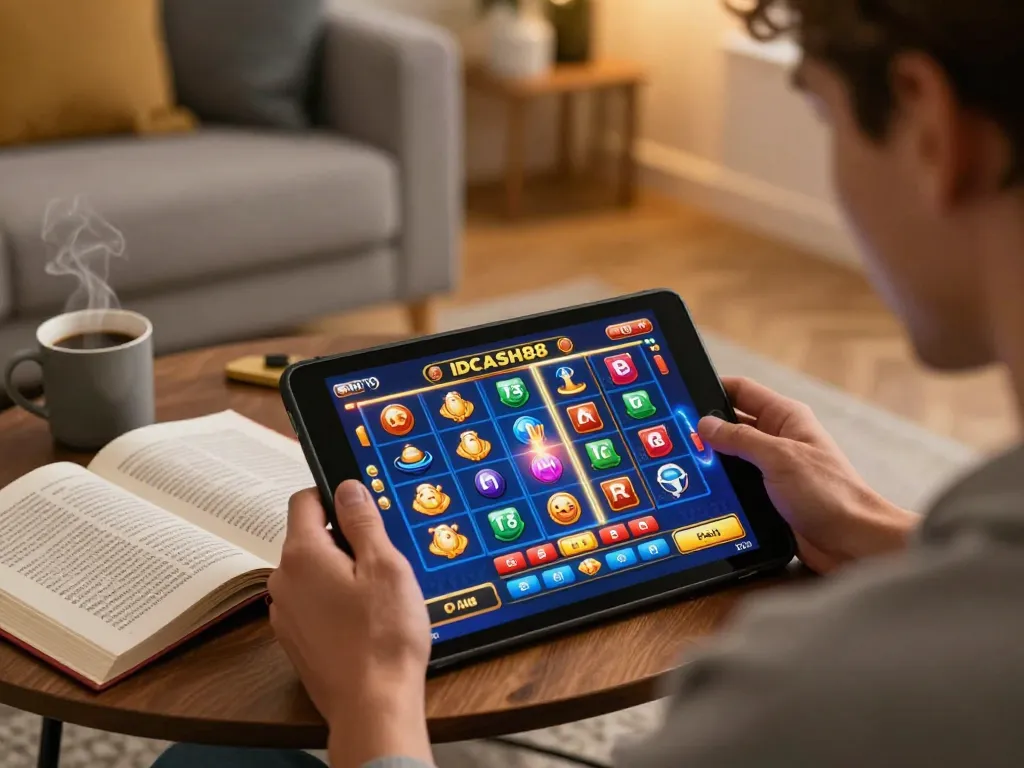 Player enjoying IDCASH88 online slots on tablet in cozy home setting, highlighting engaging gameplay.