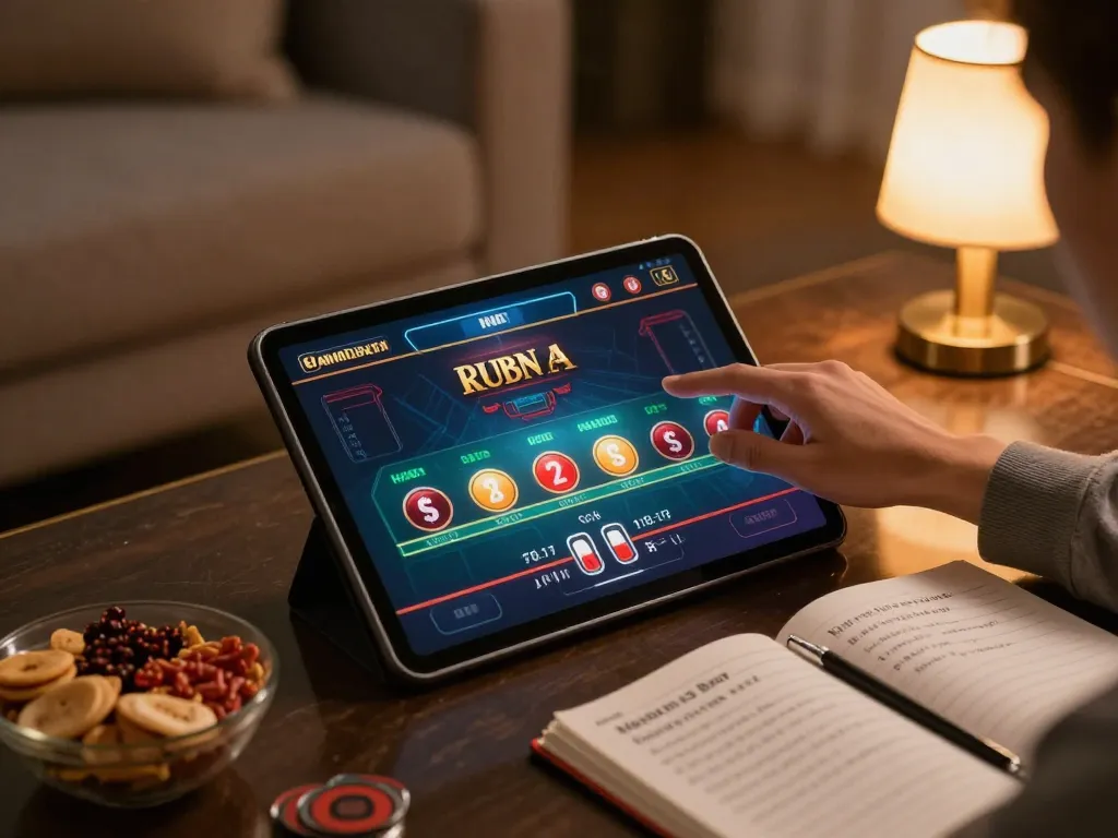 Engaging in a strategic baccarat game on an app highlighting togel hongkong bets in cozy home setting.