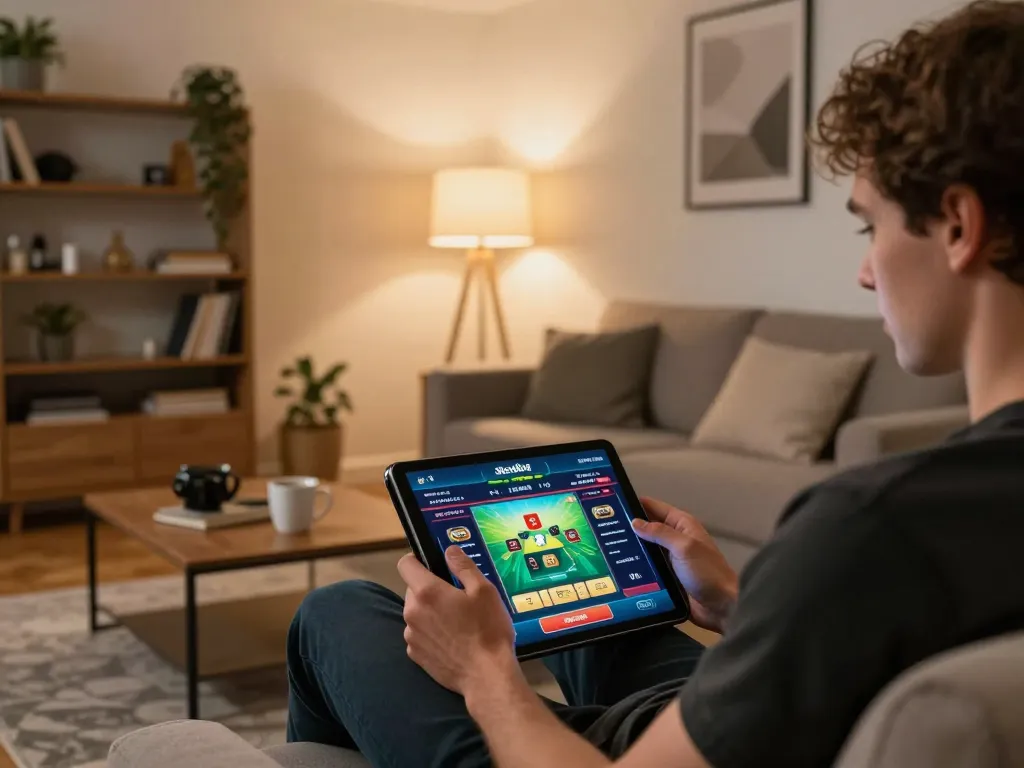 Socolive trực tiếp sports streaming on a tablet in a cozy living room, highlighting user engagement in online gaming.