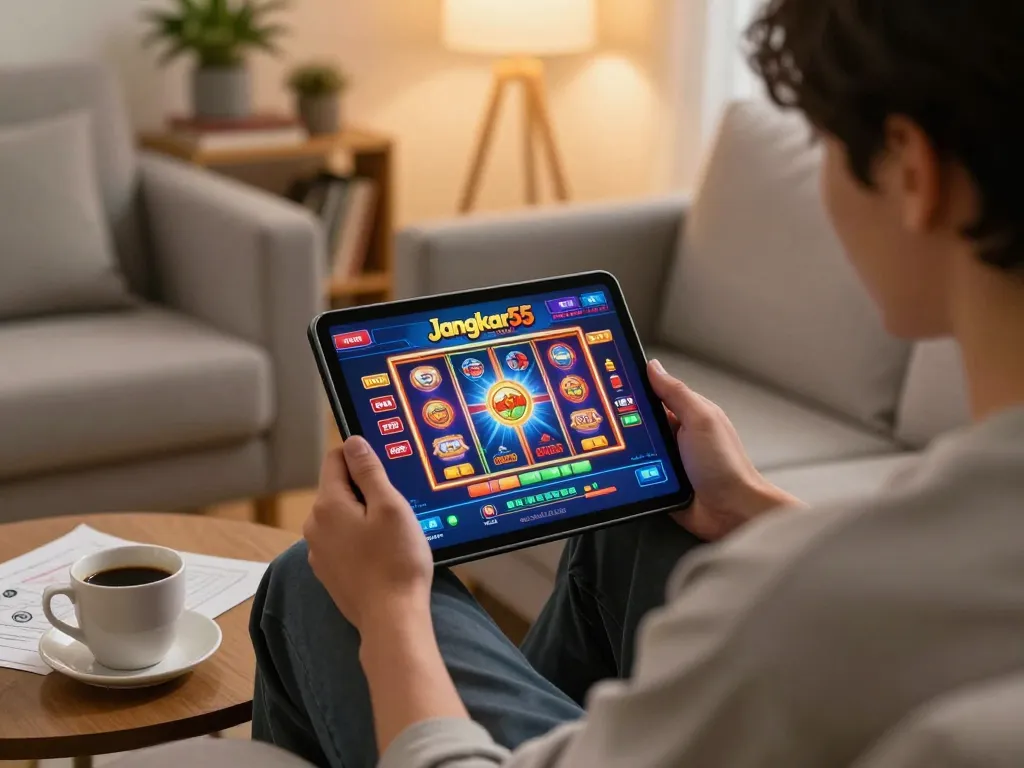 Player enjoying engaging opportunities on jangkar55 online casino platform from a cozy home setting