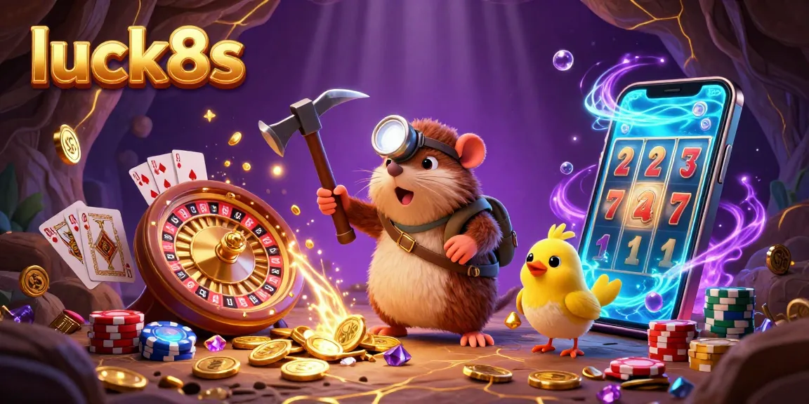 Spin to win with luck8s in a vibrant 3D casino scene showcasing riches and gem deposits.