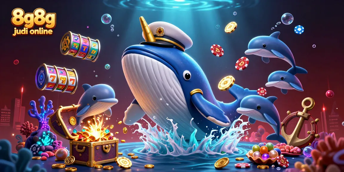 Experience thrilling 8g8g judi online action amidst vibrant casino-themed underwater scene.
