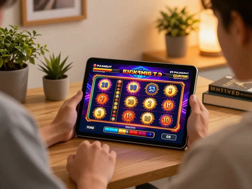 PULSASLOT SLOT ONLINE TERPERCAYA player enjoying a slot game on tablet in a cozy home office.