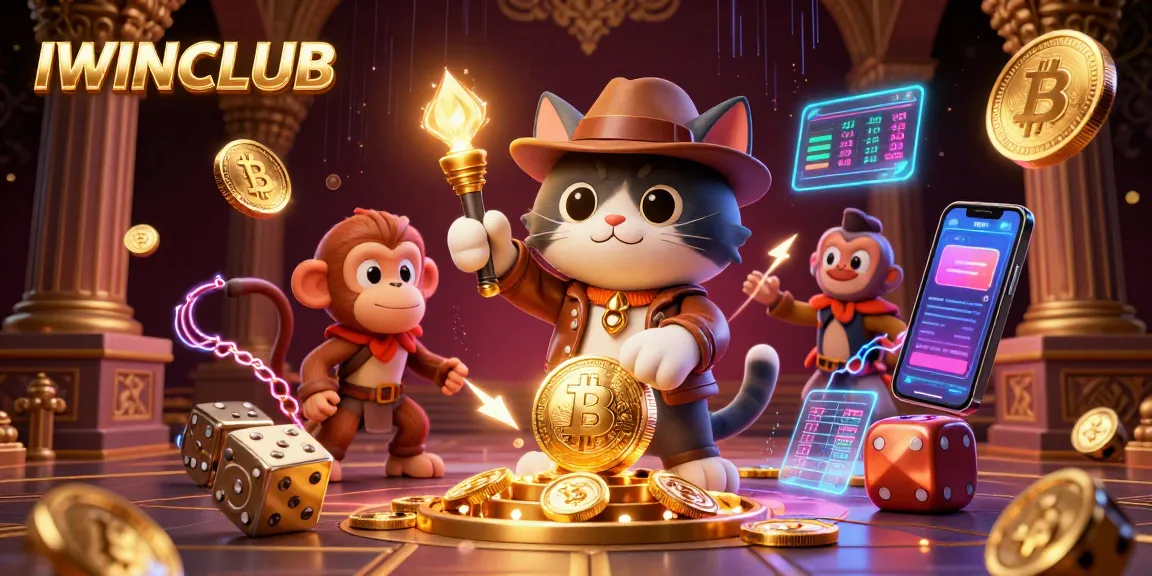 IWINCLUB offers an immersive casino experience with neon glowing coins and a vibrant gaming scene.