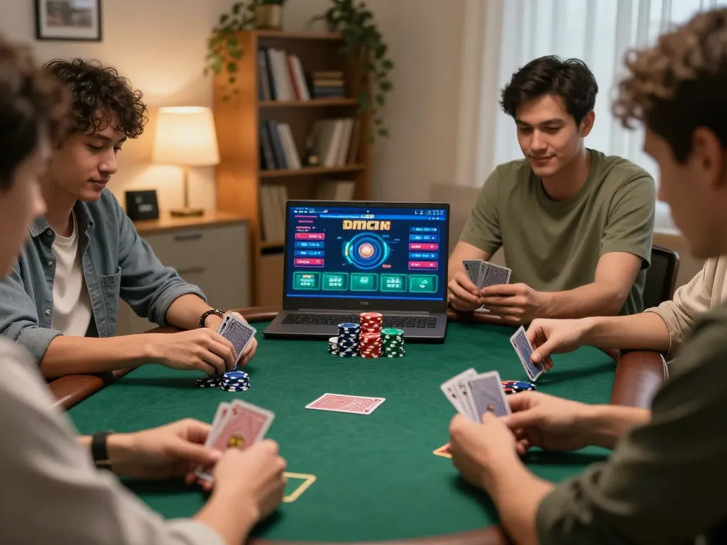 Engaged players strategizing on pfly88 online poker, showcasing chips and cards in vibrant gameplay.