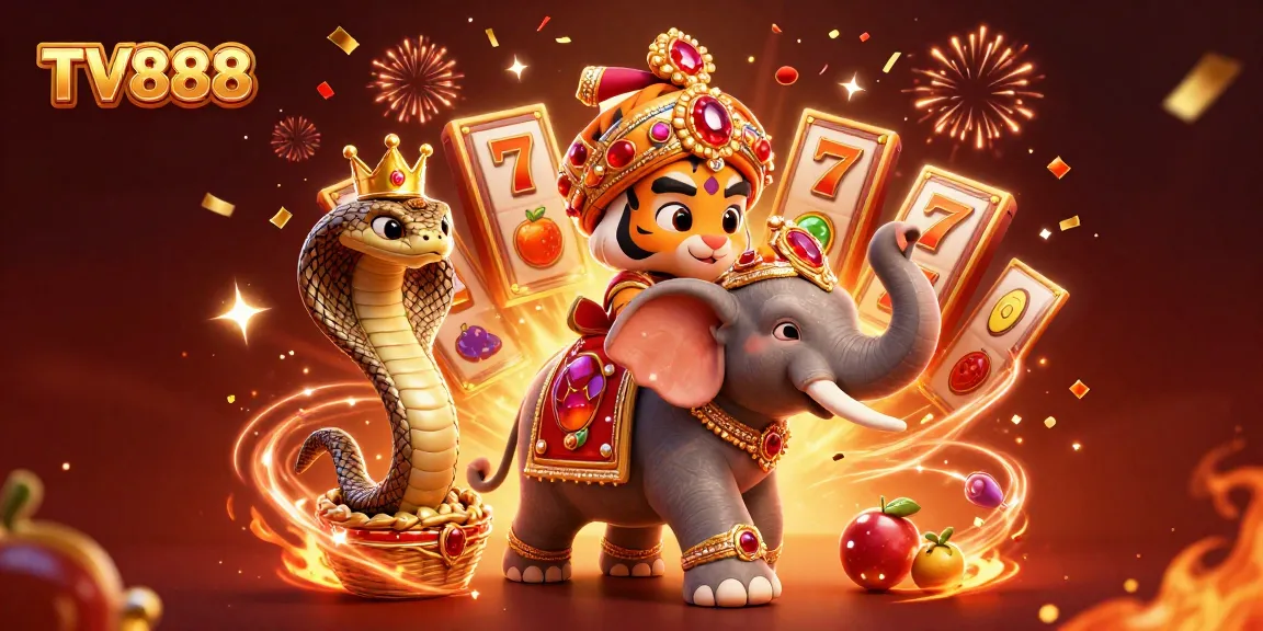 Experience the thrill of winning at TV888 with this vibrant 3D casino illustration filled with slot elements and festive energy.