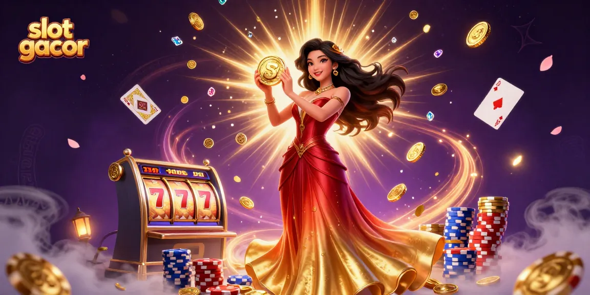 Experience slot gacor excitement with a stunning Asian woman holding a golden coin amidst a cascade of gems.