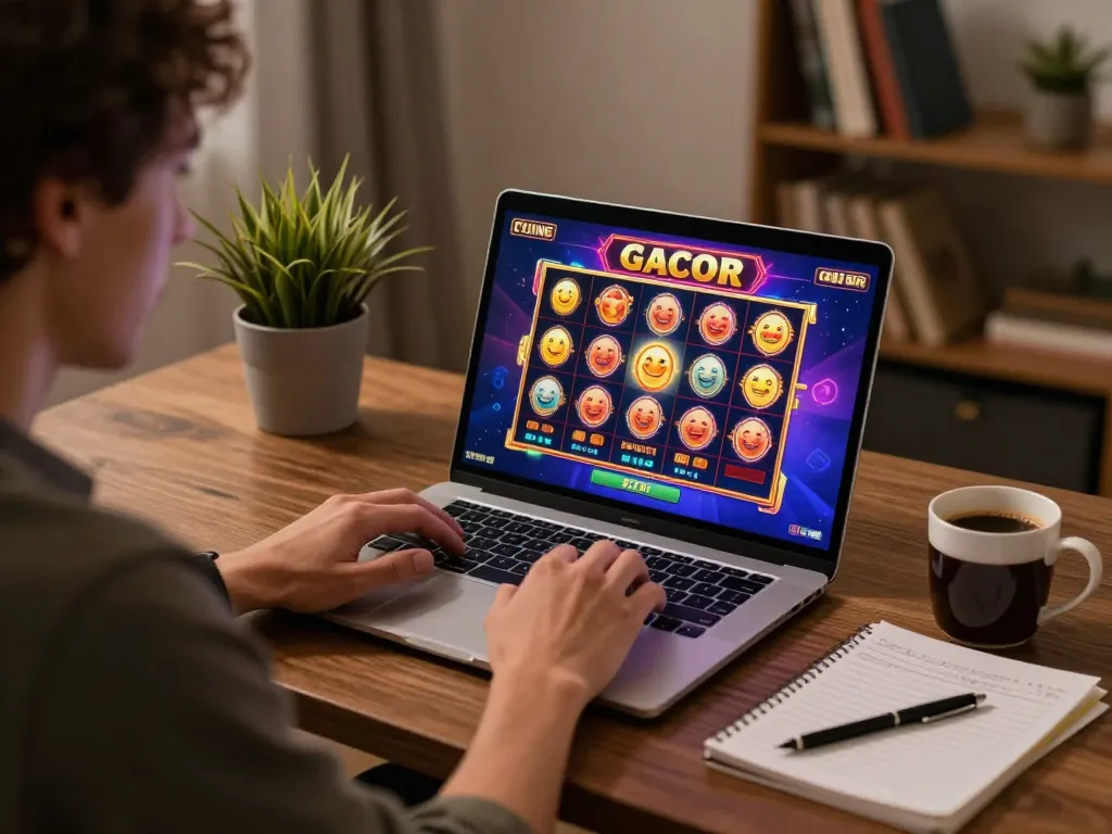 Playing slot gacor online with excitement at home while analyzing strategy notes.