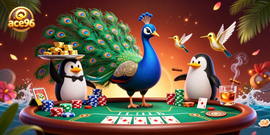 Ace96 showcases premium gaming with vibrant casino elements in a dynamic scene.