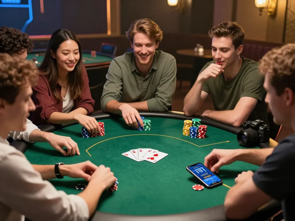 Friends enjoying a poker night while using the lucks8 app for strategic betting tips.