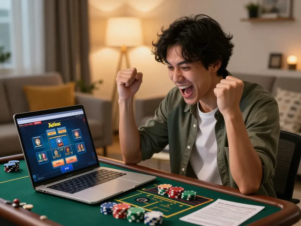Xoilac online player celebrating a win with laptop in cozy living room setting