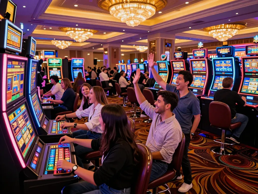 Players celebrating a win at fatfishcantinagrill casino with vibrant slot machines and a lively atmosphere.